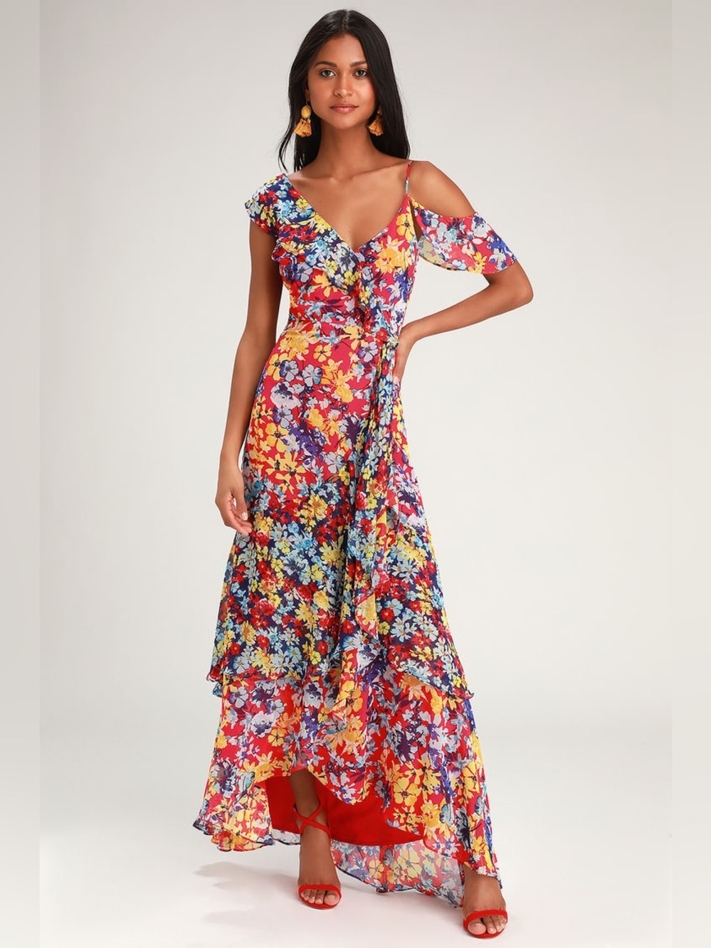 Lulus Radiant Ruby Red Floral Print Chiffon Maxi Dress Size Small